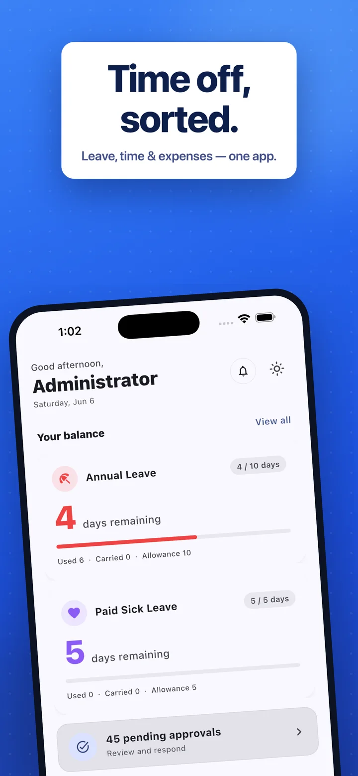 Time off, sorted — leave balances and pending approvals at a glance