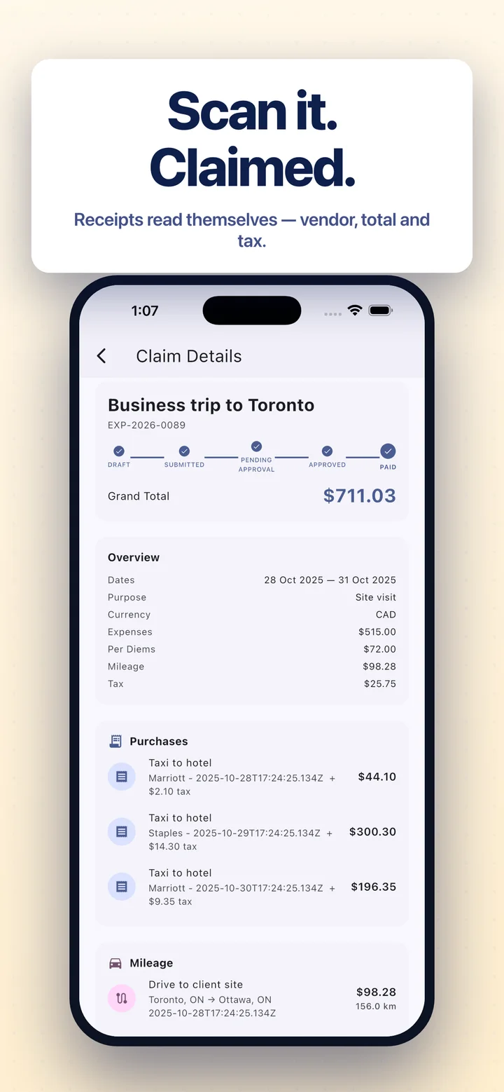 Scan it, claimed — receipts read themselves with vendor, total, and tax
