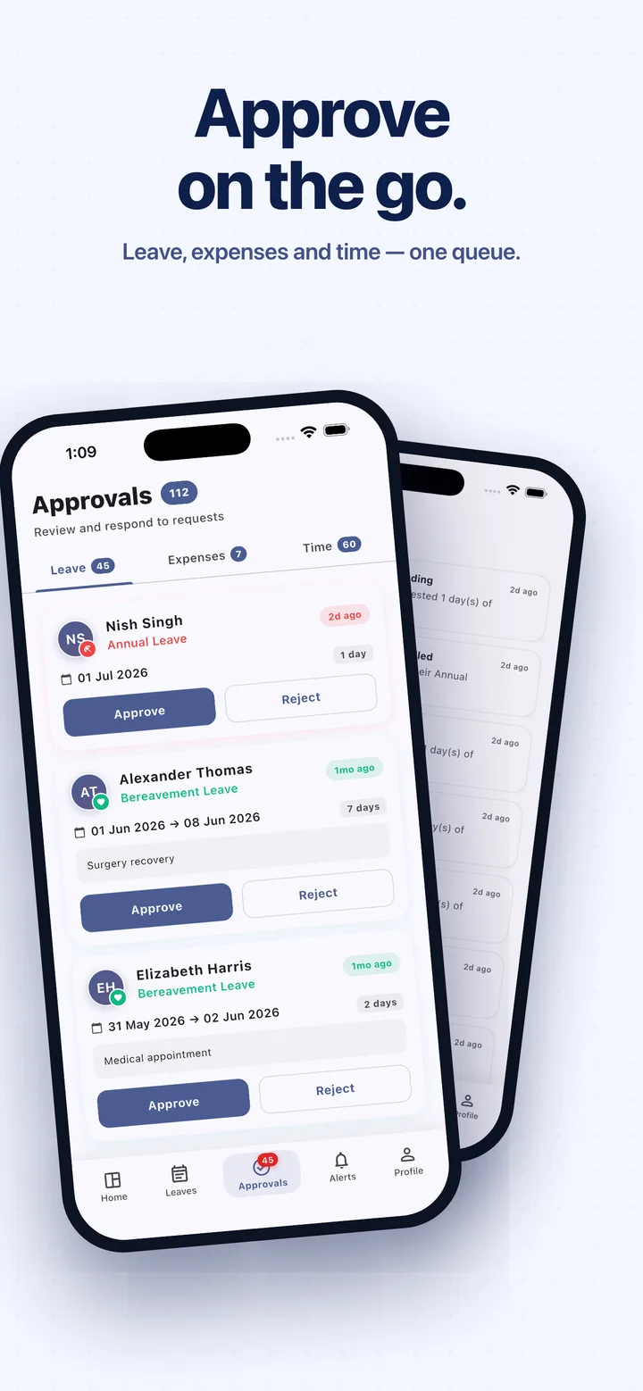 Approve on the go — leave, expenses, and time in one queue