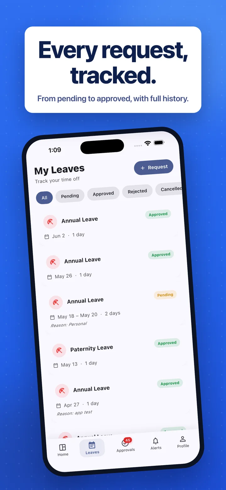 Every request tracked — from pending to approved with full history