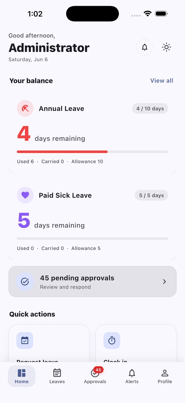 BookYourPTO iPhone app — leave balances, pending approvals, and quick actions