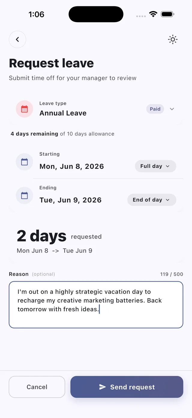 BookYourPTO iPhone app — book full, half, or hourly leave in seconds